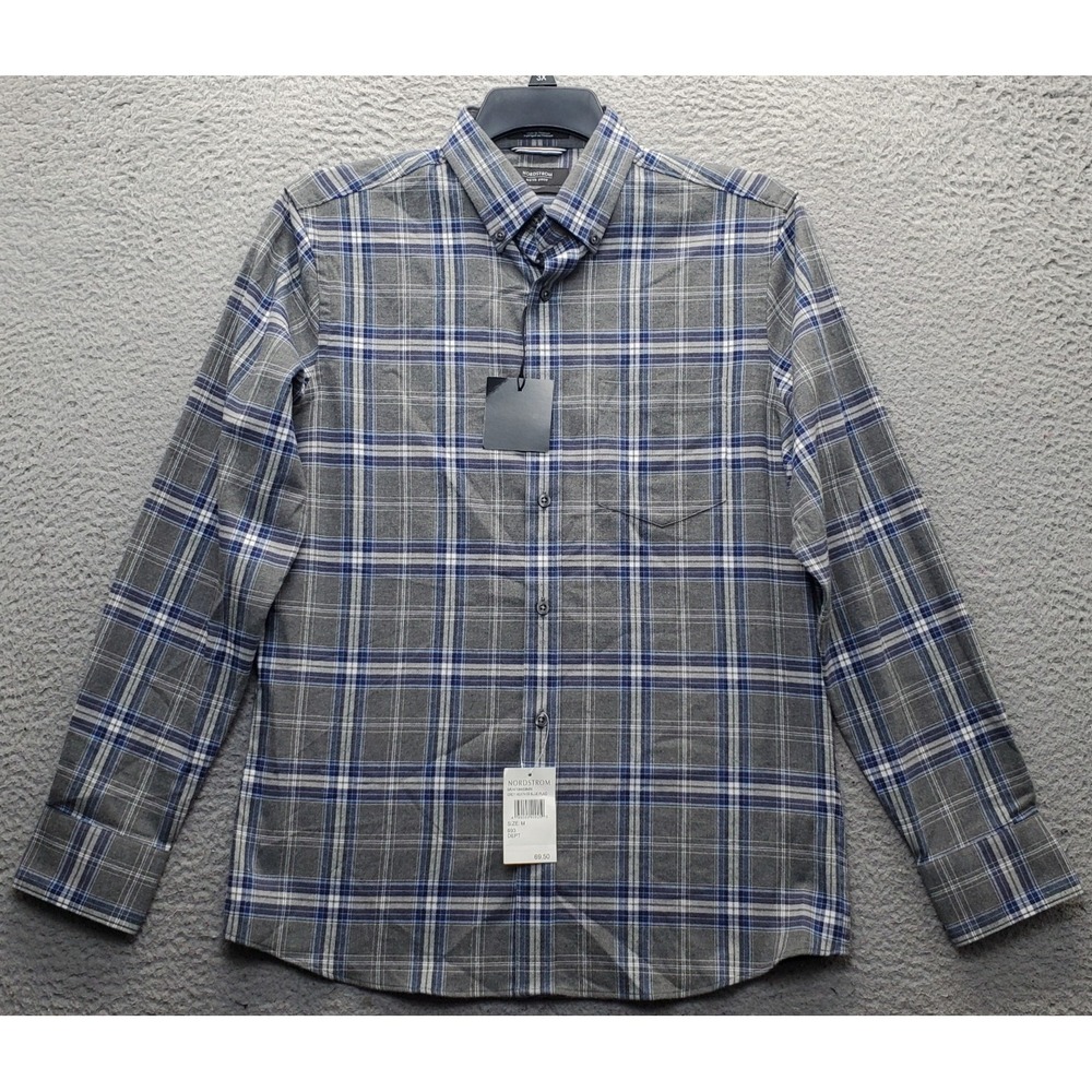 Nordstrom Shop Flannel Shirt Mens M Multi Plaid Trim Fit Long Sleeve Button Down